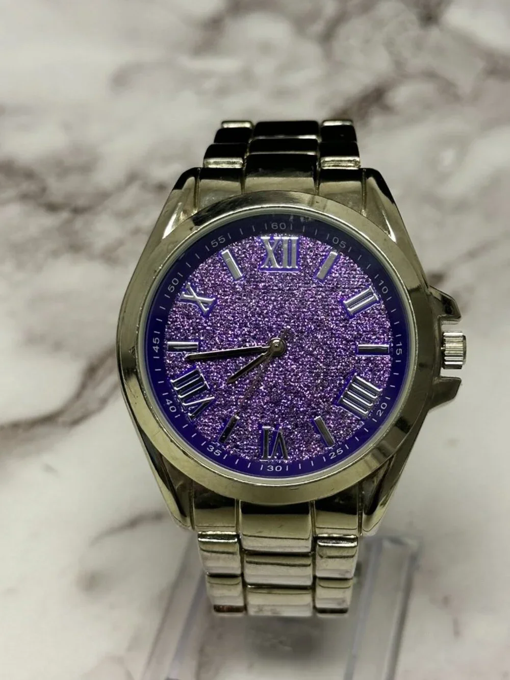 Accutime Watch Women Silver Tone Purple Glittered Dial New Battery 8 Inch